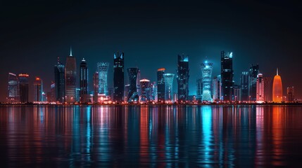 Wall Mural - realistic cityscape at night in a sunset scenery with beautiful reflections in orange, dark blue and black colors