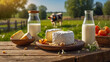 Delicious Camembert cheese, bottle of milk at the farm natural