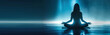 A bright glow surrounds the girl in meditation, emphasizing harmony and inner peace. Illustration with space for copy text and advertising, spiritual health, yoga practice