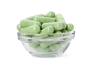 Sticker - Vitamin capsules in bowl isolated on white. Health supplement