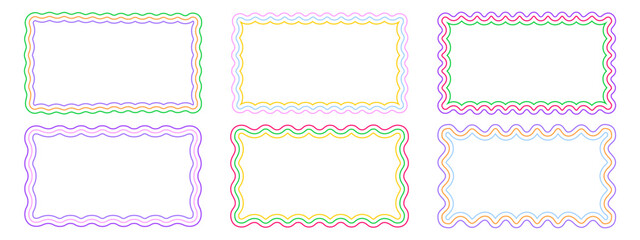 Wall Mural - Set of colorful rectangle frames with wiggly edges. Rectangular shapes with wavy borders. Mirror, picture or photo vignettes, empty text boxes, tags or labels design elements. Vector illustration.