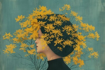 Wall Mural - A painting of a woman with yellow flowers on her head. Suitable for beauty and nature concepts