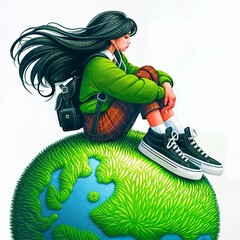 Cartoon girl on green globe toy in grass, fictional character in animation art