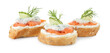 Tasty canapes with salmon, cucumber, cream cheese and dill isolated on white