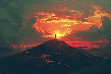 Wall Mural - A man standing on top of a mountain at sunset. Suitable for travel and adventure concepts
