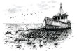 A drawing of a boat floating on calm water, ideal for travel brochures or nautical-themed designs