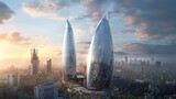 Fototapeta Londyn - Baku skyline, Azerbaijan, modern developments along the Caspian Sea