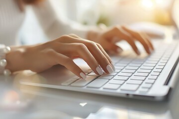 Close-up of female hands typing on computer keyboard in cozy home office