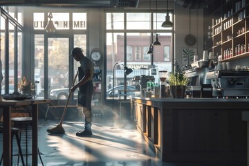 A man cleaning the floor in a coffee shop, suitable for cleaning services advertising