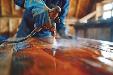 Wall Mural - Person using a power drill on a wood floor. Suitable for DIY and home renovation projects