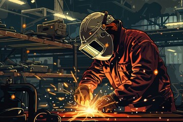 Wall Mural - A man in a welding mask working on a piece of metal. Suitable for industrial and construction concepts