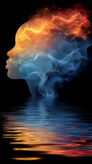 Sticker - A woman's face is shown in a cloud of smoke and fire, AI