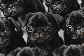 Sticker - Adorable group of small black pugs sitting together. Perfect for pet lovers or animal-related projects