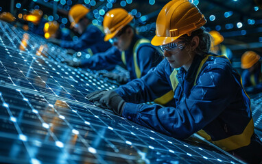 A female engineer in hard hat and safety glasses works on assembling solar panels in a modern factory.