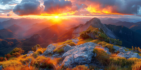 A beautiful landscape of a mountain range at sunset