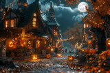 Fototapeta  -  A magical Halloween night unfolds in a cozy, eerie village. The scene is illuminated by the warm glow of jack-o'-lanterns lining the cobblestone path.