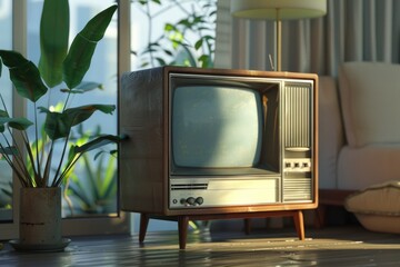 Wall Mural - A small television sitting on a wooden table. Suitable for technology and entertainment concepts