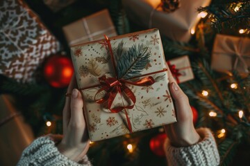 Poster - Person holding a wrapped gift in front of a decorated Christmas tree. Ideal for holiday concept designs