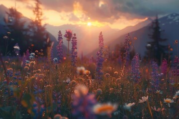 Poster - Beautiful field of wildflowers with the sun setting in the background. Ideal for nature and landscape themes