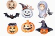 Group of Halloween pumpkins with bats and witches hats. Perfect for spooky holiday designs