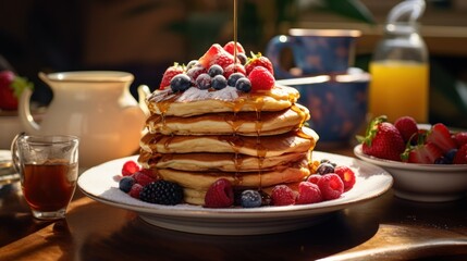Wall Mural - Delicious stack of pancakes with fresh berries and maple syrup
