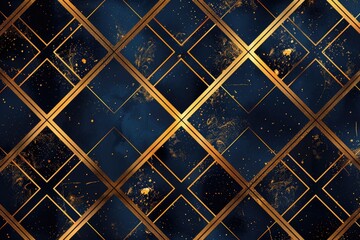 Elegant blue and gold wallpaper with a diamond pattern, perfect for interior design projects