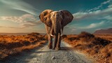 Fototapeta  - Big African Elephant on the gravel road with blue sky