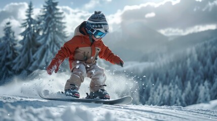 Wall Mural - A person riding a snowboard down a snowy slope. Perfect for winter sports concepts