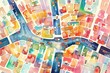 Detailed watercolor painting of a city map. Perfect for travel guides
