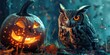 A spooky owl perched beside a Halloween pumpkin. Perfect for seasonal designs