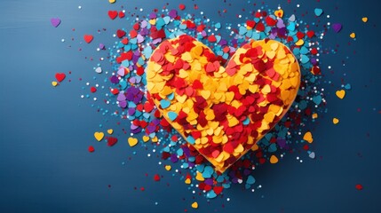 Poster - Colorful heart-shaped confetti on a blue background