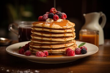 Wall Mural - Delicious stack of pancakes with fresh berries and honey