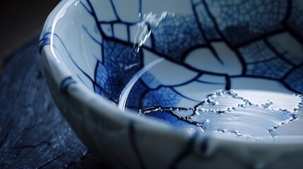 Poster - A dynamic image capturing water splashing inside a ceramic bowl with blue intricate patterns on a textured surface