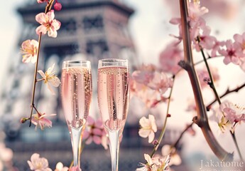 a romantic parisian scene with two glasses of rose champagne