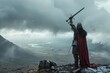 Medieval knight in armor raises his sword under a stormy sky, symbolizing bravery and triumph on a rugged, mountainous battleground