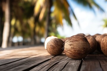 Poster - A photo of young coconuts an wooden table with a tiki beach bar blurred background Generative AI