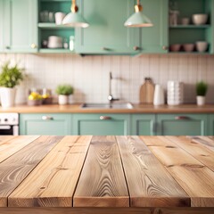 Poster - AI illustration of A wooden table in a mint green kitchen with a potted plant and a cupboard