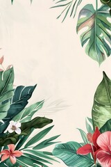 Wall Mural - exotic tropical leaves border, delicate watercolour, muted colours, elegant flowers, handpainted look, white background, elegant, delicate, tropical, watercolour, border