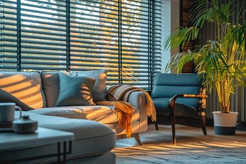 Wall Mural -  A well lit and inviting living room furnished with a couch, a comfortable chair, and a large window covered with blinds
