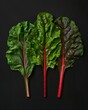 Green chard leaves on a black background, in a surreal photography style, top view. Minimal food still life concept.	