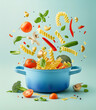 A blue pot with pasta and vegetables flying out of it on pastel background. Creative colorful food concept. 