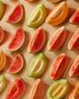 Pattern made of fresh sliced juicy various types of melon fruits on peachy pastel background. Minimal food still life concept.	
