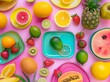A top view of a table with fresh exotic food on colorful plates. Healthy eating concept. 