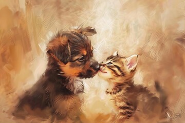 adorable puppy kissing kitten in sweet friendship moment digital painting