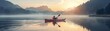 Kayak gliding through misty mountain lake at dawn, serene and isolated, soft light, wide shot