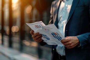 Businessman holding documents containing financial statistics, stock photos, discussion and data analysis, charts and graphs, charts, diagrams, business, and work concepts.