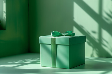 Green gift box with green ribbon