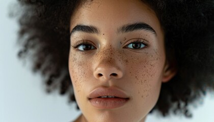 Close-up portrait of a mixed-race woman with a neutral expression