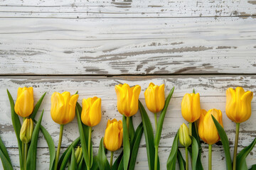 Poster - Beautiful Yellow Tulips on a Light Wooden Board with Space for Copy, Mothers Day