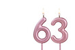 Lit birthday candle - Candle number 63 on white background